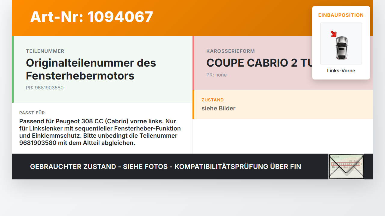 Peugeot 308 CC 07-11 Cabrio Fensterheber elektrisch mit Motor Fensterhebermotor Links Vorne Peugeot 308 CC 07-11... Vorschau 3
