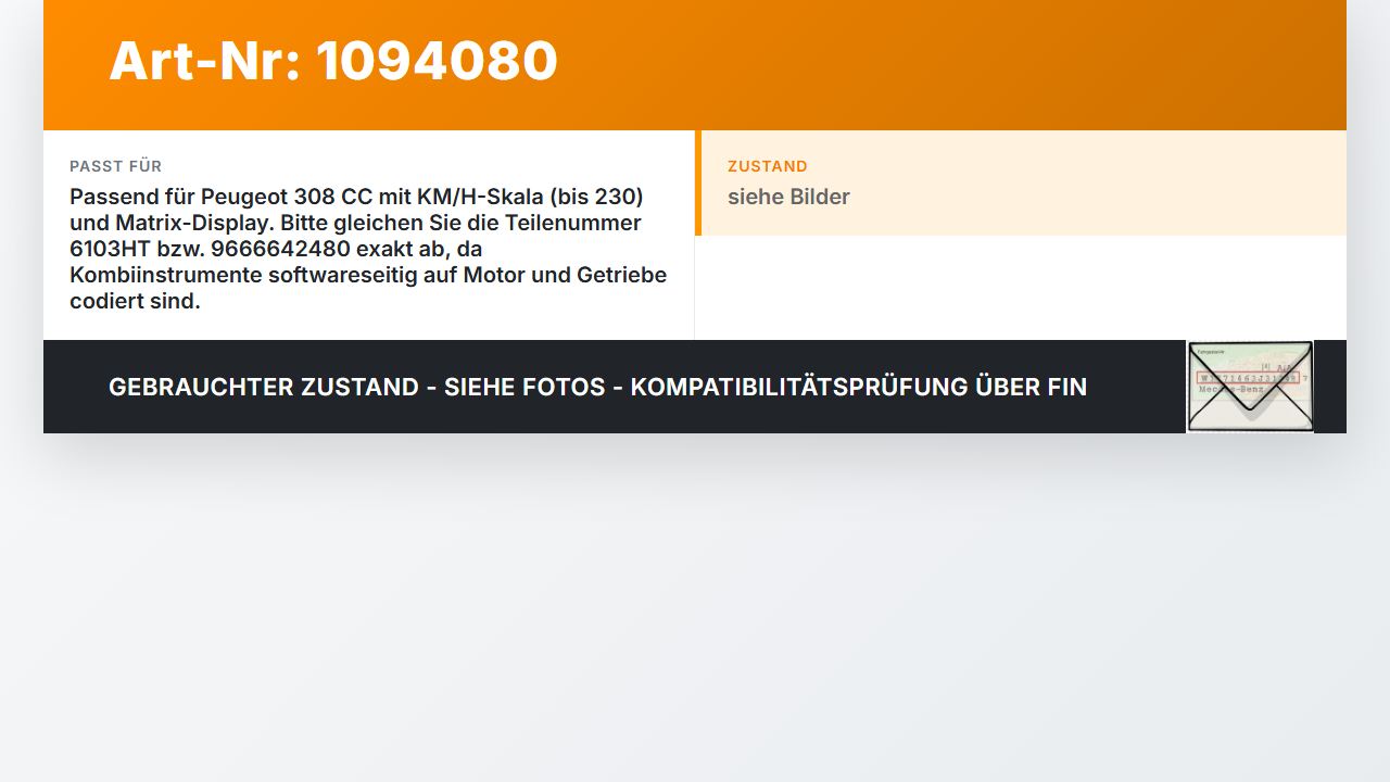 Peugeot 308 CC 07-11 THP 1,6 115KW Kombiinstrument Tacho Peugeot 308 CC 07-11 31.03.2011 6103HT 9666642480 gebraucht Vorschau 3