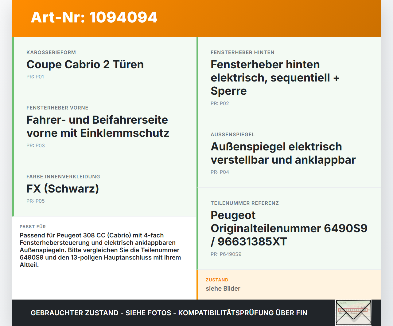 Peugeot 308 CC 07-11 Cabrio Fensterheberschalter Schalter Peugeot 308 CC 07-11 31.03.2011 6490S9 96631385XT gebraucht Vorschau 3