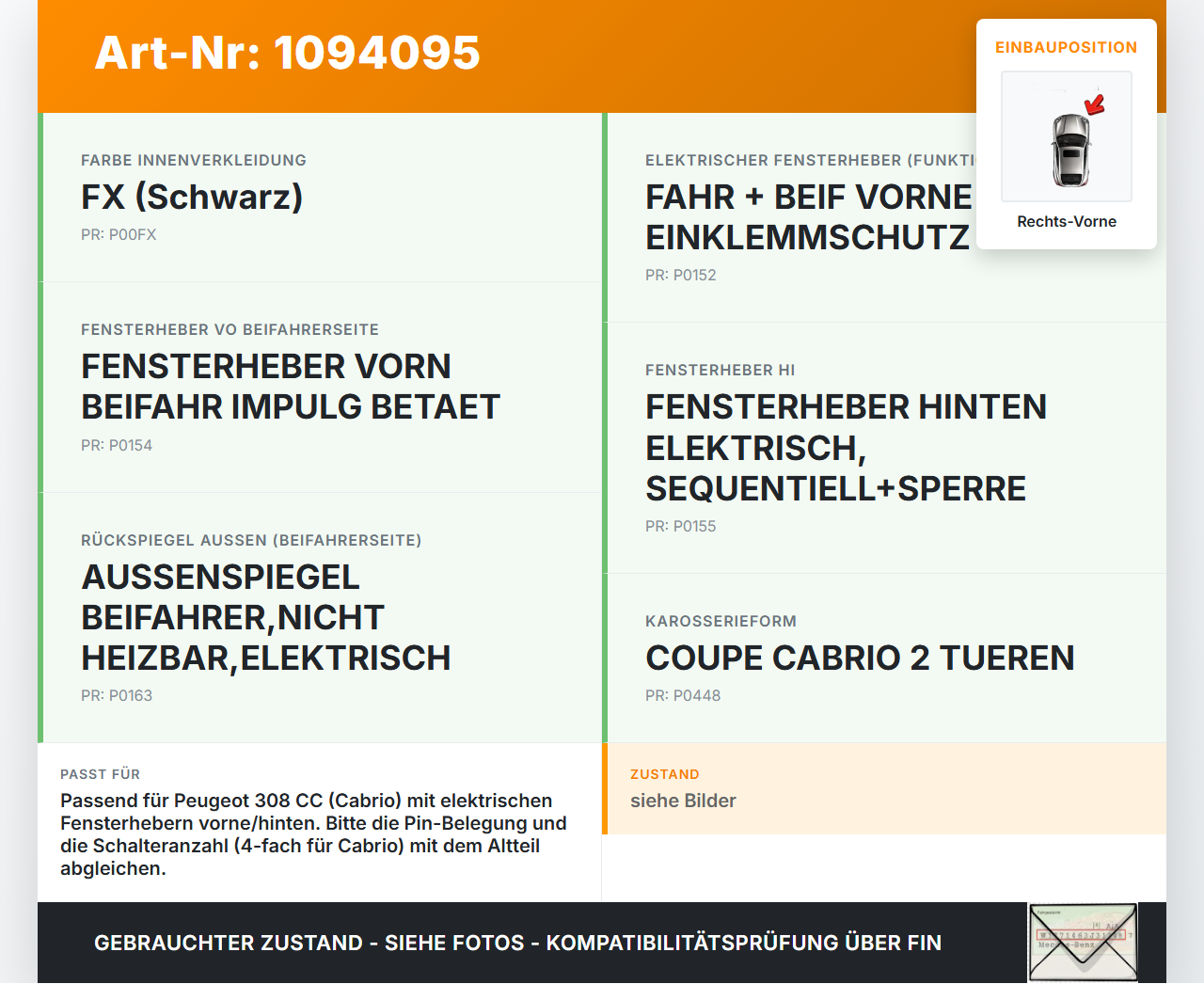 Peugeot 308 CC 07-11 Cabrio Fensterheberschalter Schalter Rechts Vorne Peugeot 308 CC 07-11 31.03.2011 649029 gebraucht Vorschau 3