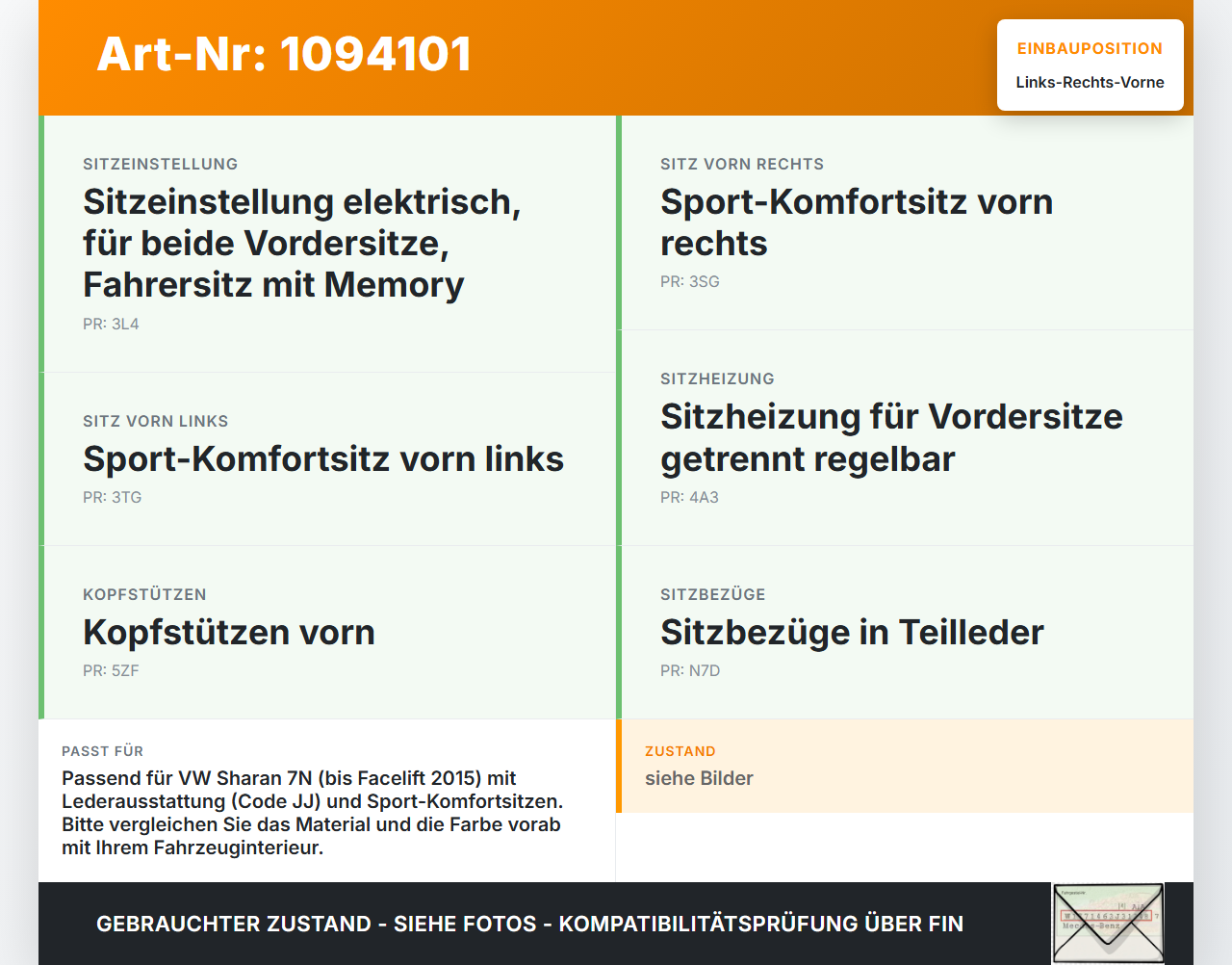 VW Sharan 7N II 10-15  Leder Kopfstütze für Beifahrer Sitz Rechts oder Links Vorne VW Sharan 7N II 10-15 09.05.2012... Vorschau 3