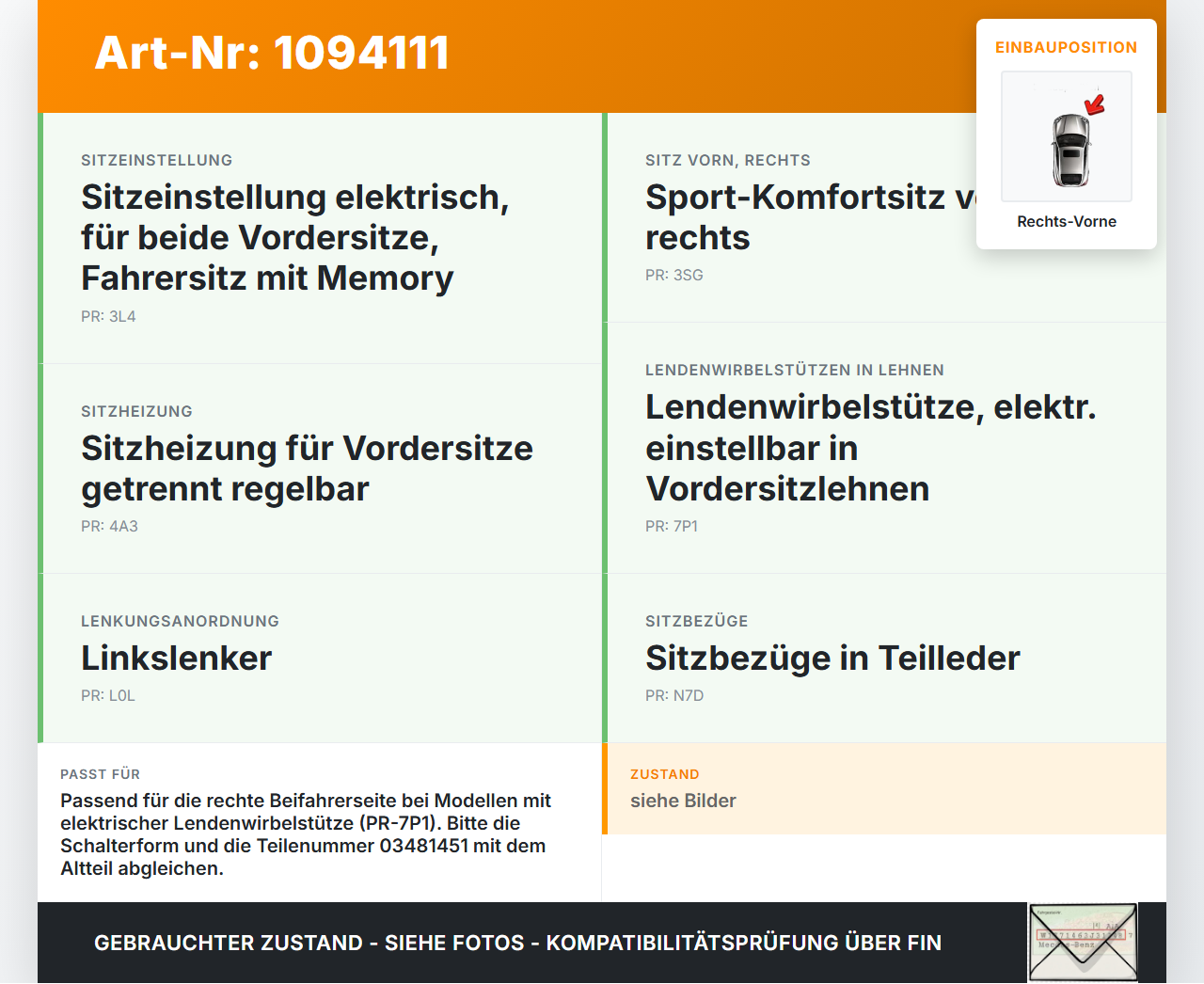 VW Sharan 7N II 10-15 Lendenwirbelstütze Schalter Sitz Rechts Vorne VW Sharan 7N II 10-15 09.05.2012 8E0959777B... Vorschau 3