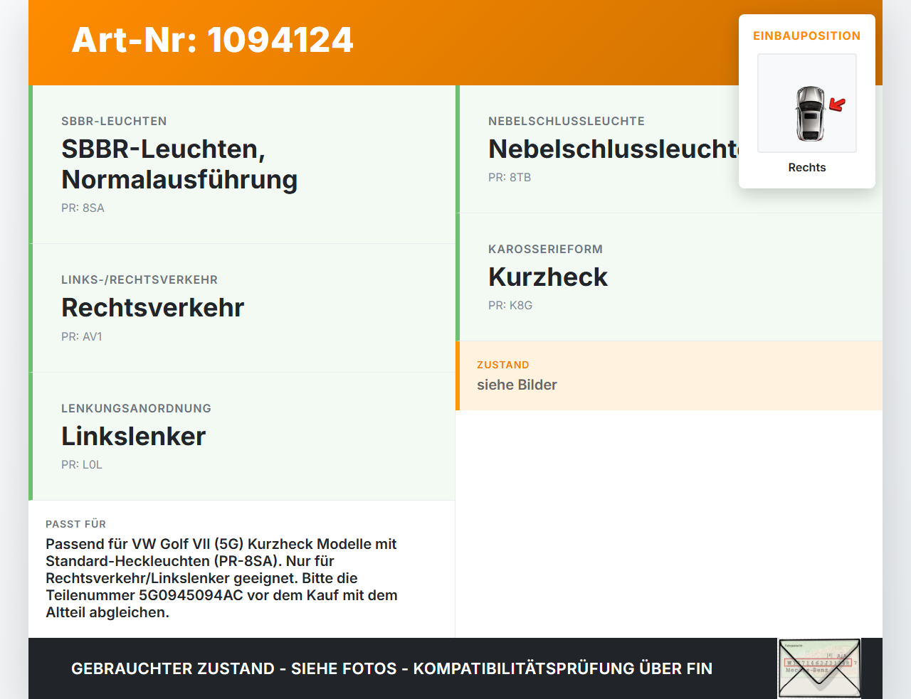 VW Golf VII 7 5G 12-17 5T Rückleuchte Heckleuchte für Klappe Rechts VW Golf VII 7 5G 12-17 01.12.2016 5G0945094AC... Vorschau 3