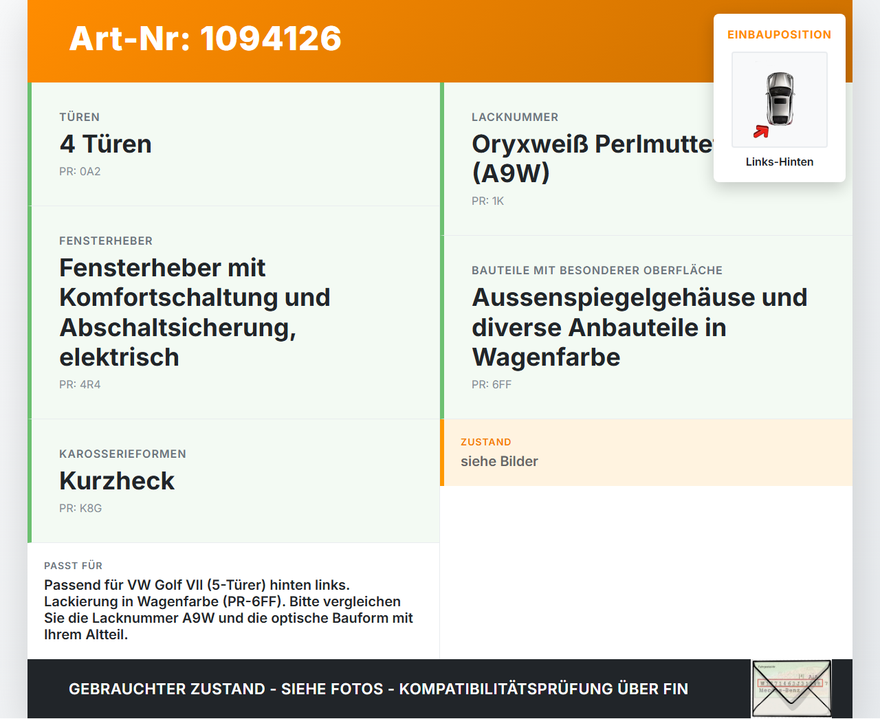 VW Golf VII 7 5G 12-17 5T Türgriff Griff aussen Links Hinten LA9W VW Golf VII 7 5G 12-17 01.12.2016 5G0837205N gebraucht Vorschau 3