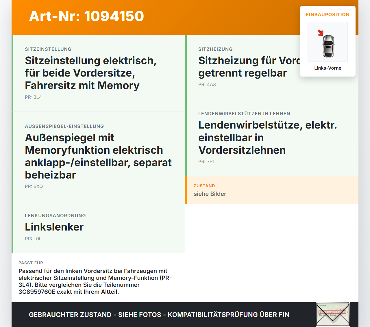 VW Sharan 7N II 10-15 Steuergerät ECU Modul SG für Sitz Links Vorne VW Sharan 7N II 10-15 09.05.2012 3C8959760E... Vorschau 3