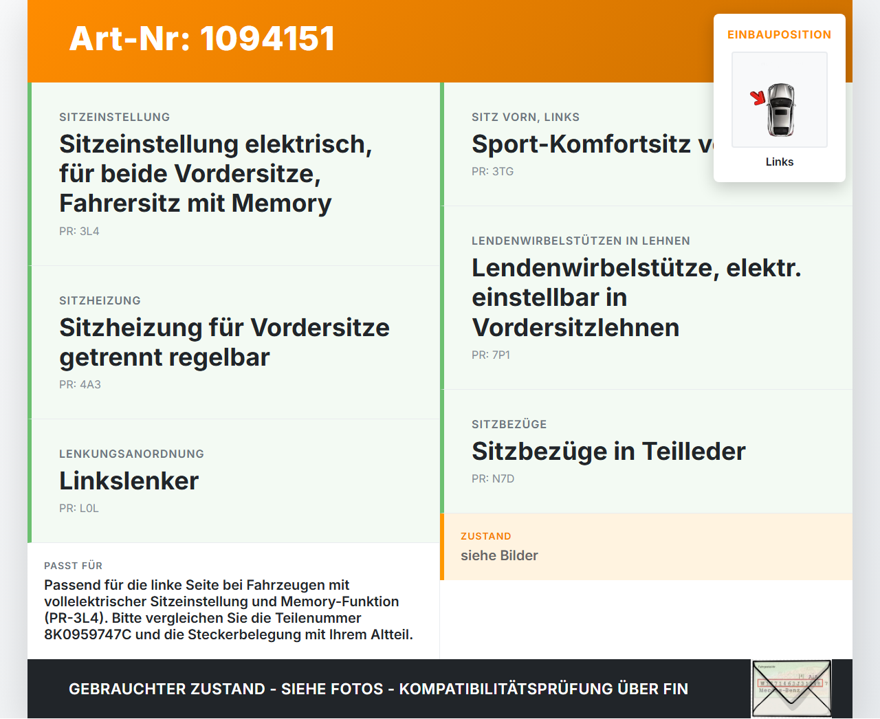 VW Sharan 7N II 10-15 Sitzverstellung Schalter Links VW Sharan 7N II 10-15 09.05.2012 8K0959747B 8K0959747C... Vorschau 3