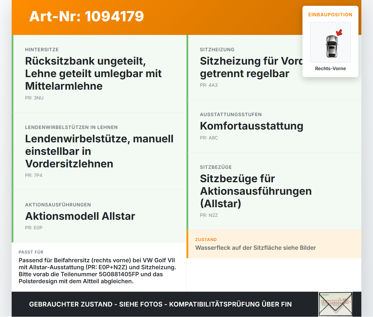 VW Golf VII 7 5G 12-17 5T Sitzbezug Sitzpolster für Beifahrersitz Rechts Vorne beheizt VW Golf VII 7 5G 12-17... Vorschau 3