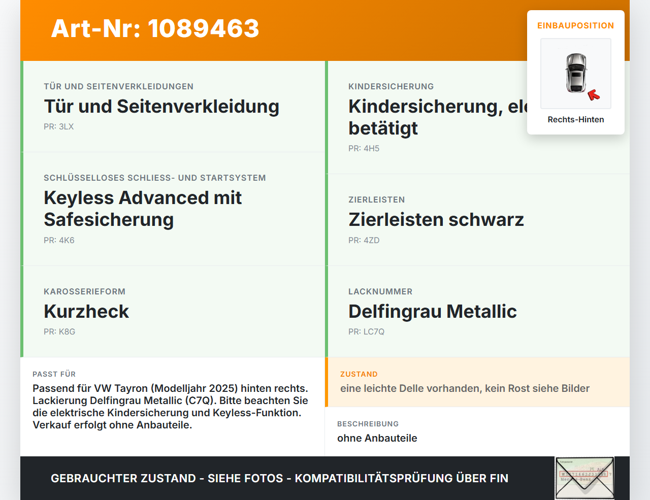 VW Tayron R41 Tür Rechts Hinten LC7Q VW Tayron R41 20.08.2025 gebraucht Vorschau 3