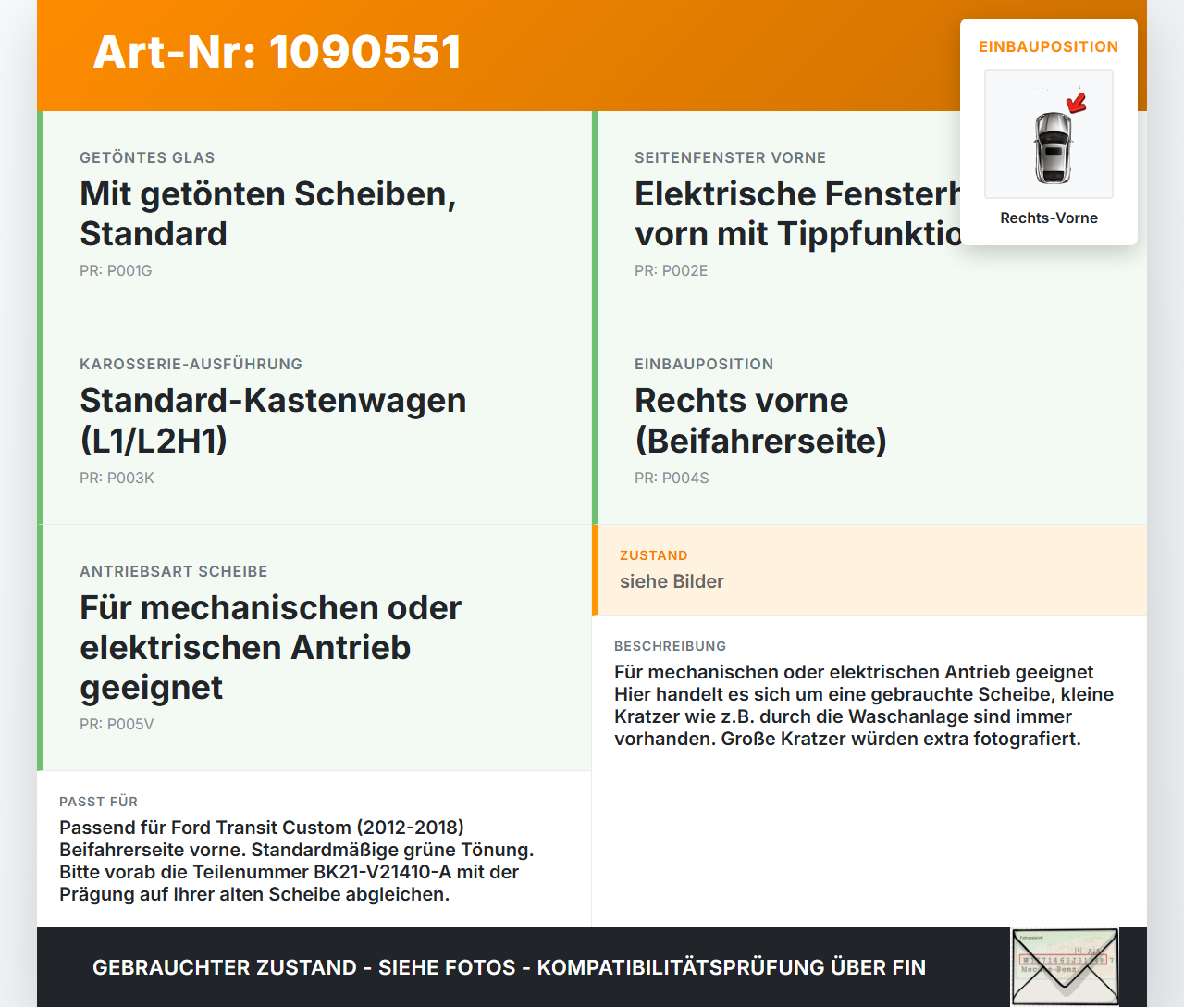 Ford Transit Custom 12-18 Kasten Seitenscheibe RVK Türscheibe Rechts Vorne Ford Transit Custom 12-18 08.06.2015... Vorschau 3