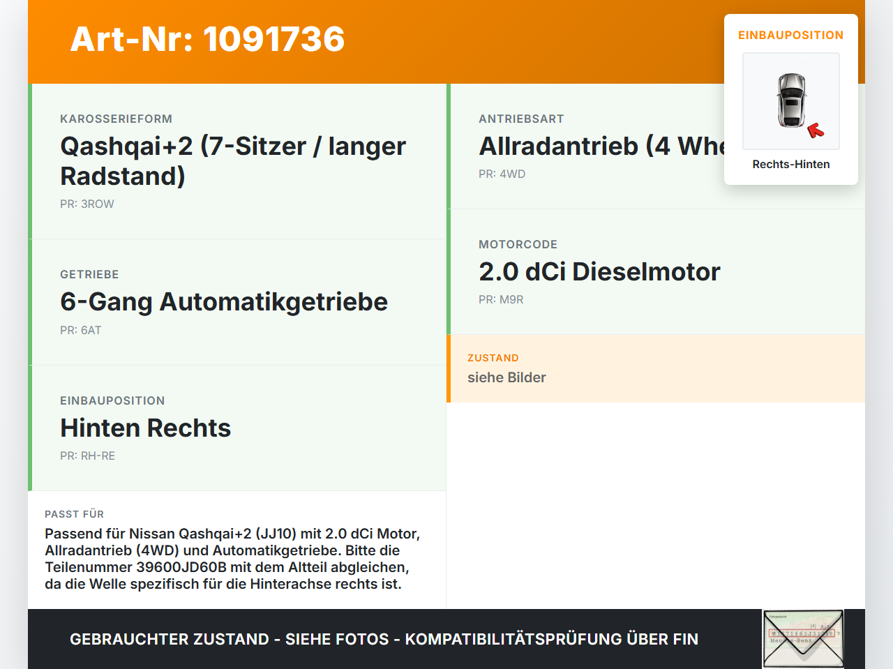 Nissan Qashqai +2 J10 10-13  dCi 2,0 110KW 4WD Antriebswelle Gelenkwelle Rechts Hinten Nissan Qashqai +2 J10 10-13... Vorschau 3