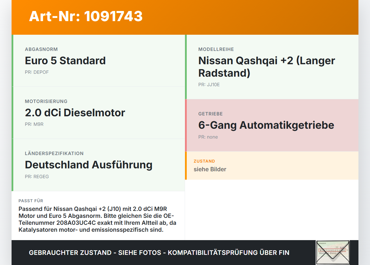 Nissan Qashqai +2 J10 10-13 dCi 2,0 110KW Katalysator Kat Vorkat Nissan Qashqai +2 J10 10-13 15.01.2013 208A03UC4C... Vorschau 3