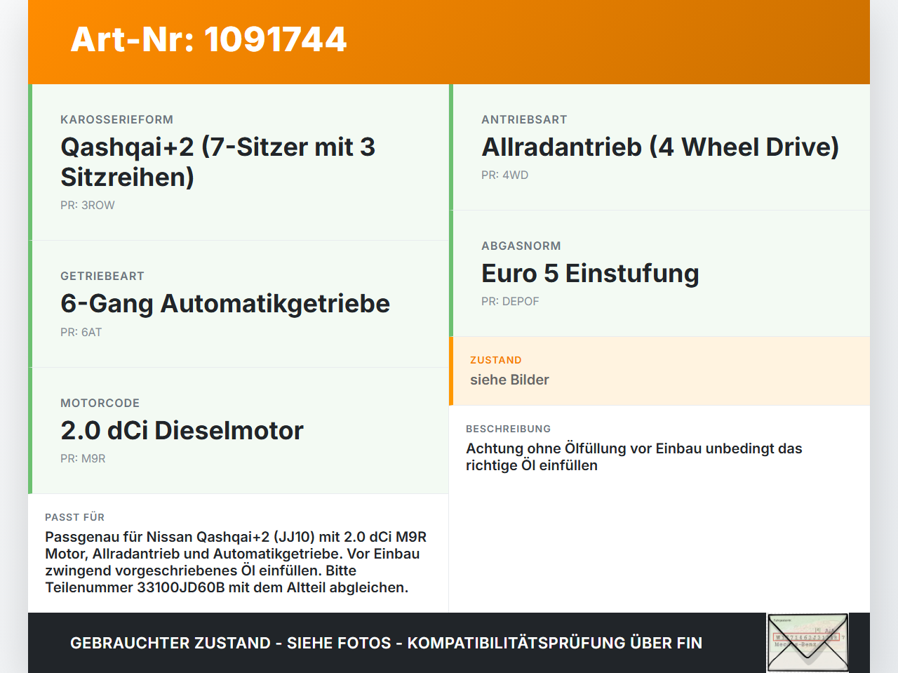 Nissan Qashqai +2 J10 10-13 dCi 2,0 110KW 4WD Verteilergetriebe Getriebe Nissan Qashqai +2 J10 10-13 15.01.2013... Vorschau 3