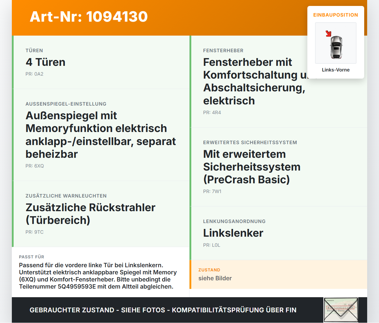 VW Golf VII 7 5G 12-17 Steuergerät SG Türsteuergerät Links Vorne VW Golf VII 7 5G 12-17 01.12.2016 5Q4959593E... Vorschau 3