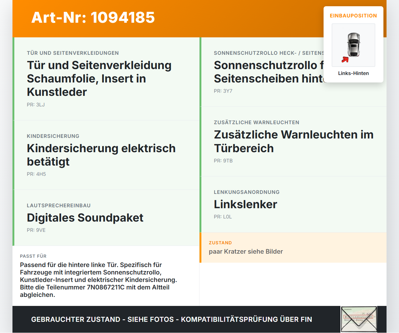 VW Sharan 7N II 10-15 Türverkleidung Türpappe Links Hinten VW Sharan 7N II 10-15 09.05.2012 7N0867211C gebraucht Vorschau 3