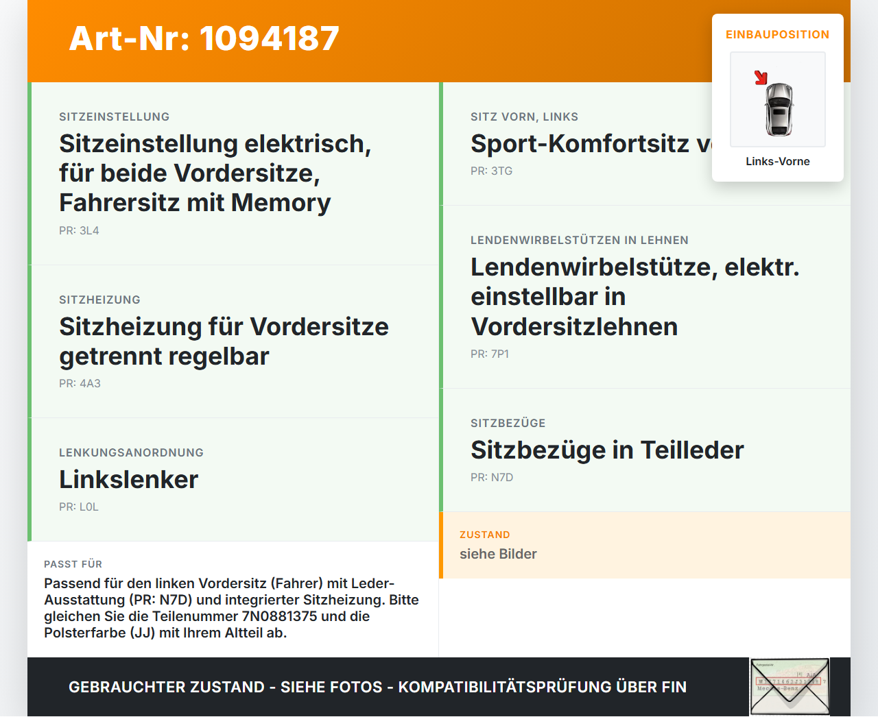 VW Sharan 7N II 10-15  Leder Sitzbezug Sitzpolster für Fahrersitz Sitz Links Vorne beheizt VW Sharan 7N II 10-15... Vorschau 3