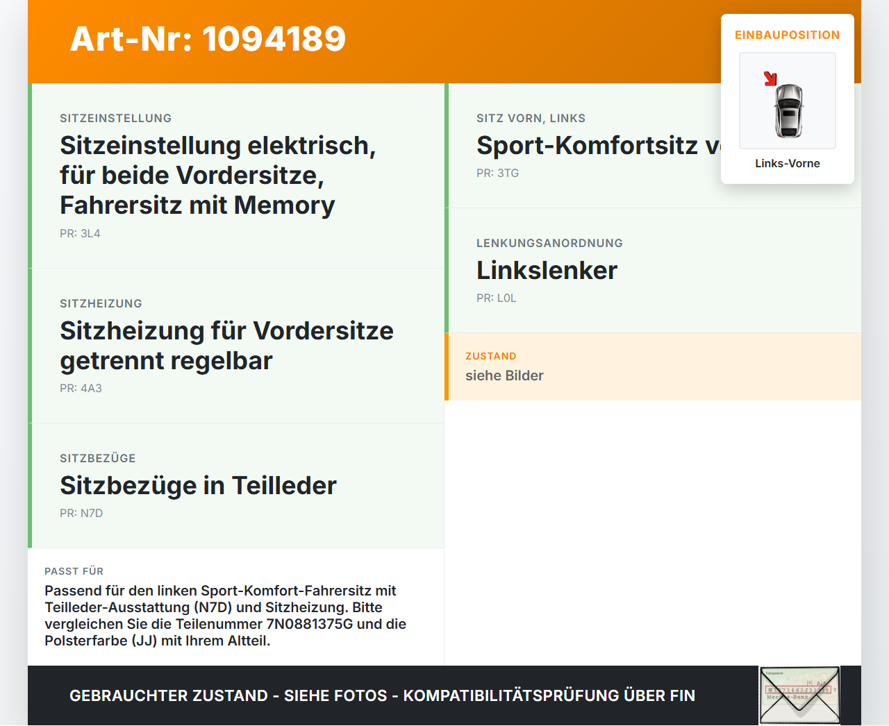 VW Sharan 7N II 10-15  Leder Sitzbezug Sitzpolster für Fahrersitz Sitz Links Vorne beheizt VW Sharan 7N II 10-15... Vorschau 3