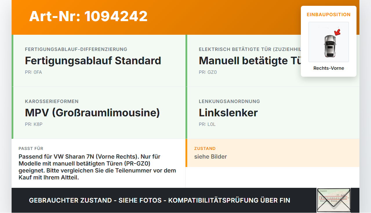 VW Sharan 7N II 10-15 Türfangband Türbremse Türanschlag Rechts Vorne VW Sharan 7N II 10-15 09.05.2012 7N0837249... Vorschau 3