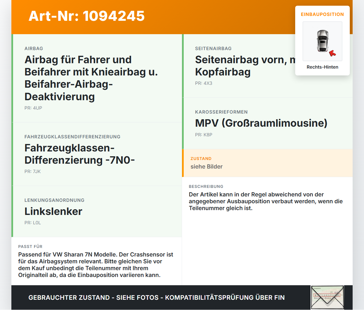 VW Sharan 7N II 10-15 Sensor für Airbag Crashsensor Airbagsensor Rechts Hinten VW Sharan 7N II 10-15 09.05.2012... Vorschau 3