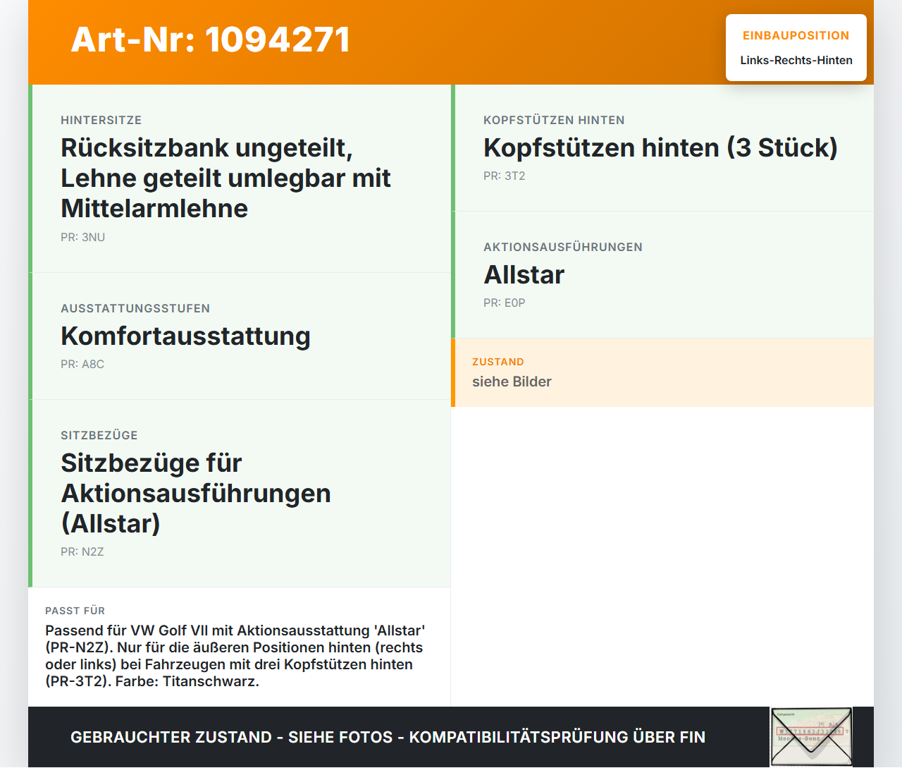 VW Golf VII 7 5G 12-17 Kopfstütze Rechts oder Links Hinten VW Golf VII 7 5G 12-17 01.12.2016 5G0885901AC gebraucht Vorschau 3