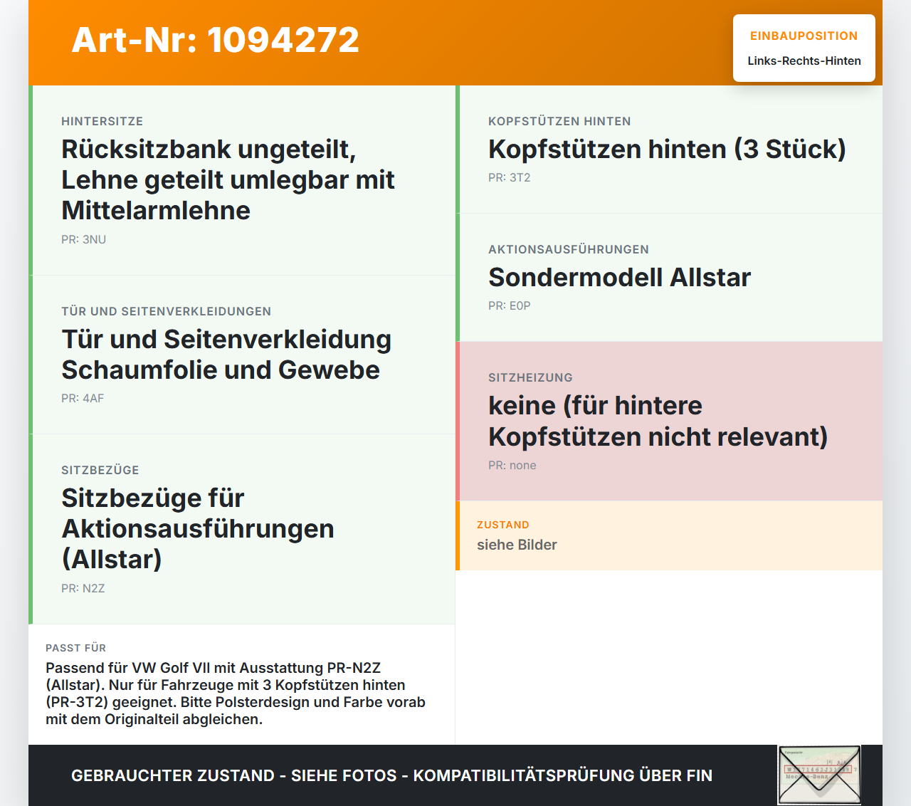 VW Golf VII 7 5G 12-17 Kopfstütze Rechts oder Links Hinten VW Golf VII 7 5G 12-17 01.12.2016 5G0885901AC gebraucht Vorschau 3