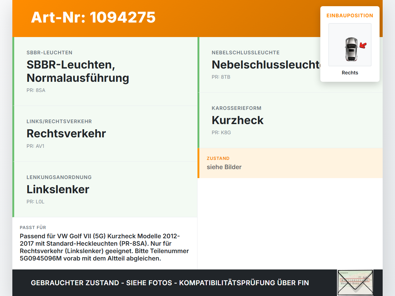 VW Golf VII 7 5G 12-17 5T Rückleuchte Rücklicht Heckleuchte Rechts orig VW Golf VII 7 5G 12-17 01.12.2016... Vorschau 3