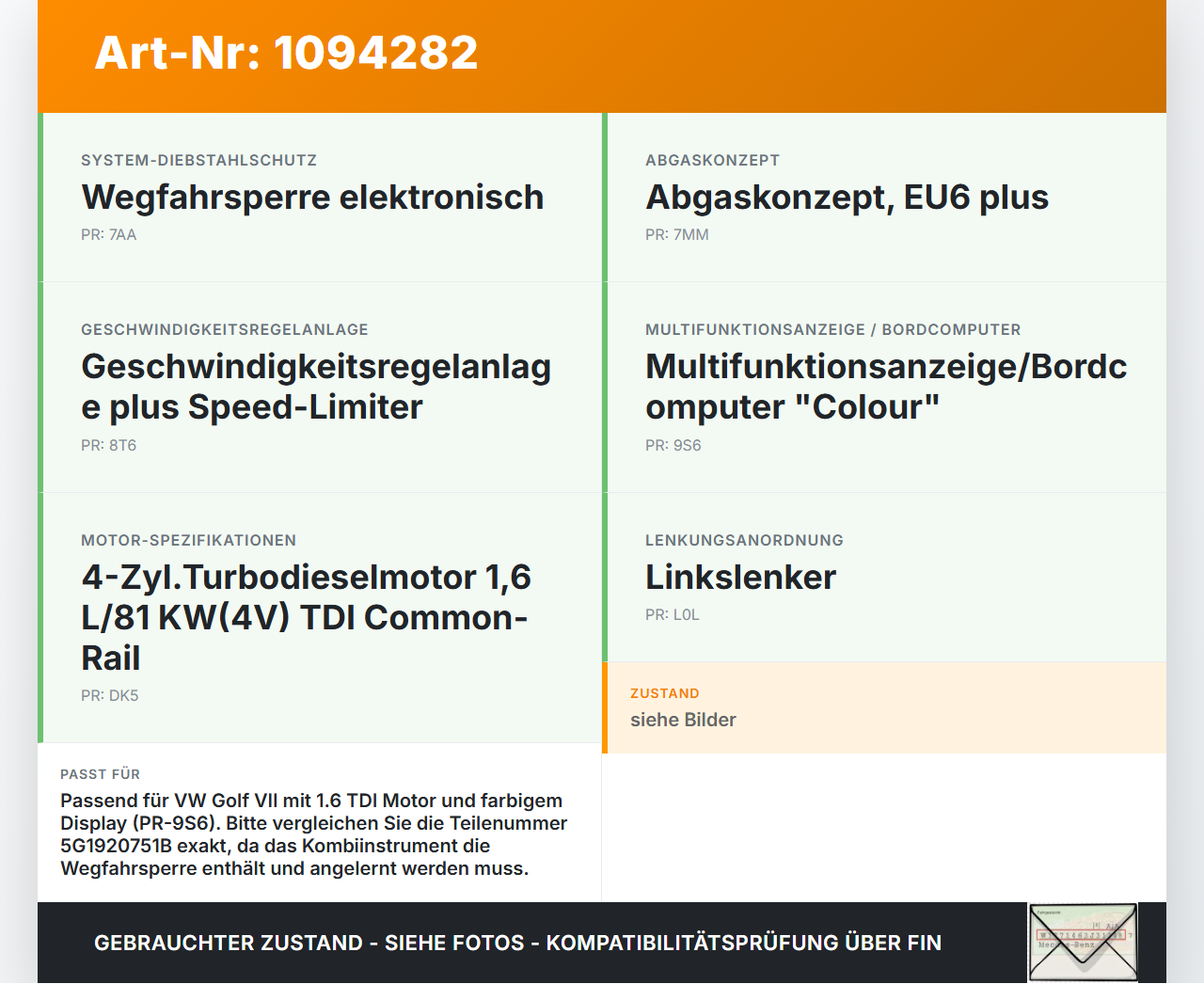 VW Golf VII 7 5G 12-17 TDI 1,6 81KW Kombiinstrument Tacho VW Golf VII 7 5G 12-17 01.12.2016 5G1920751B gebraucht Vorschau 3