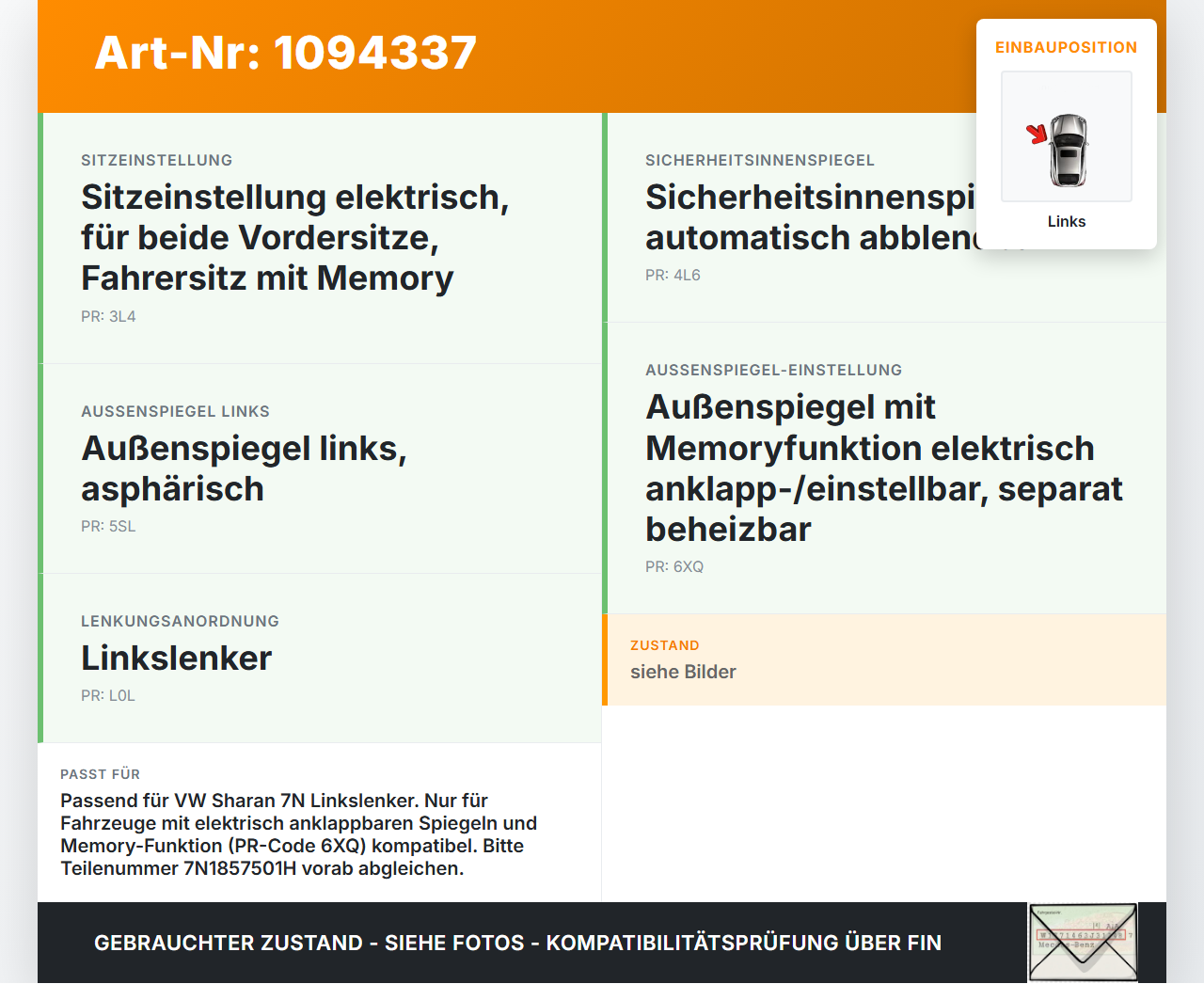 VW Sharan 7N II 10-15 Spiegel Aussenspiegel Links LC9X VW Sharan 7N II 10-15 09.05.2012 7N1857507E 7N1857501H... Vorschau 3
