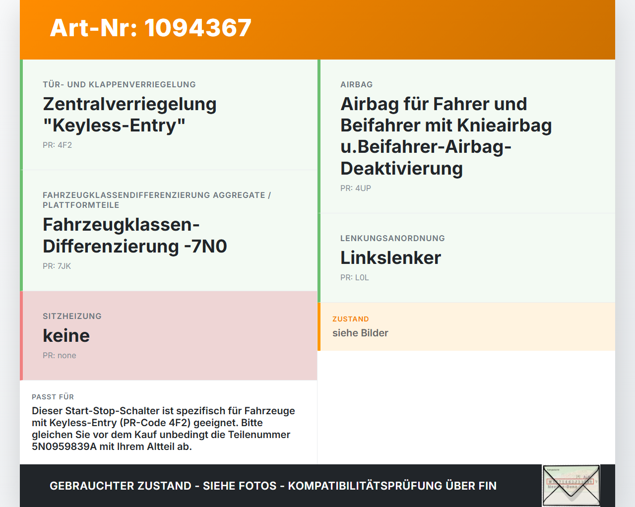 VW Sharan 7N II 10-15 Schalter Start Stop Engine VW Sharan 7N II 10-15 09.05.2012 5N0959839C 5N0959839A gebraucht Vorschau 3