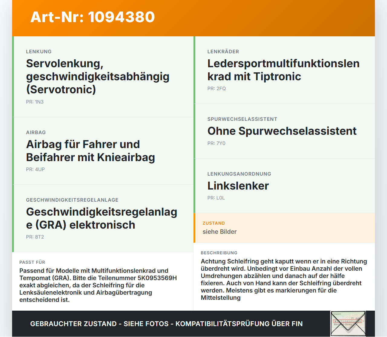 VW Sharan 7N II 10-15 Airbag Schleifring Wickelfeder VW Sharan 7N II 10-15 09.05.2012 5K0953569AL 5K0953569H gebraucht Vorschau 3