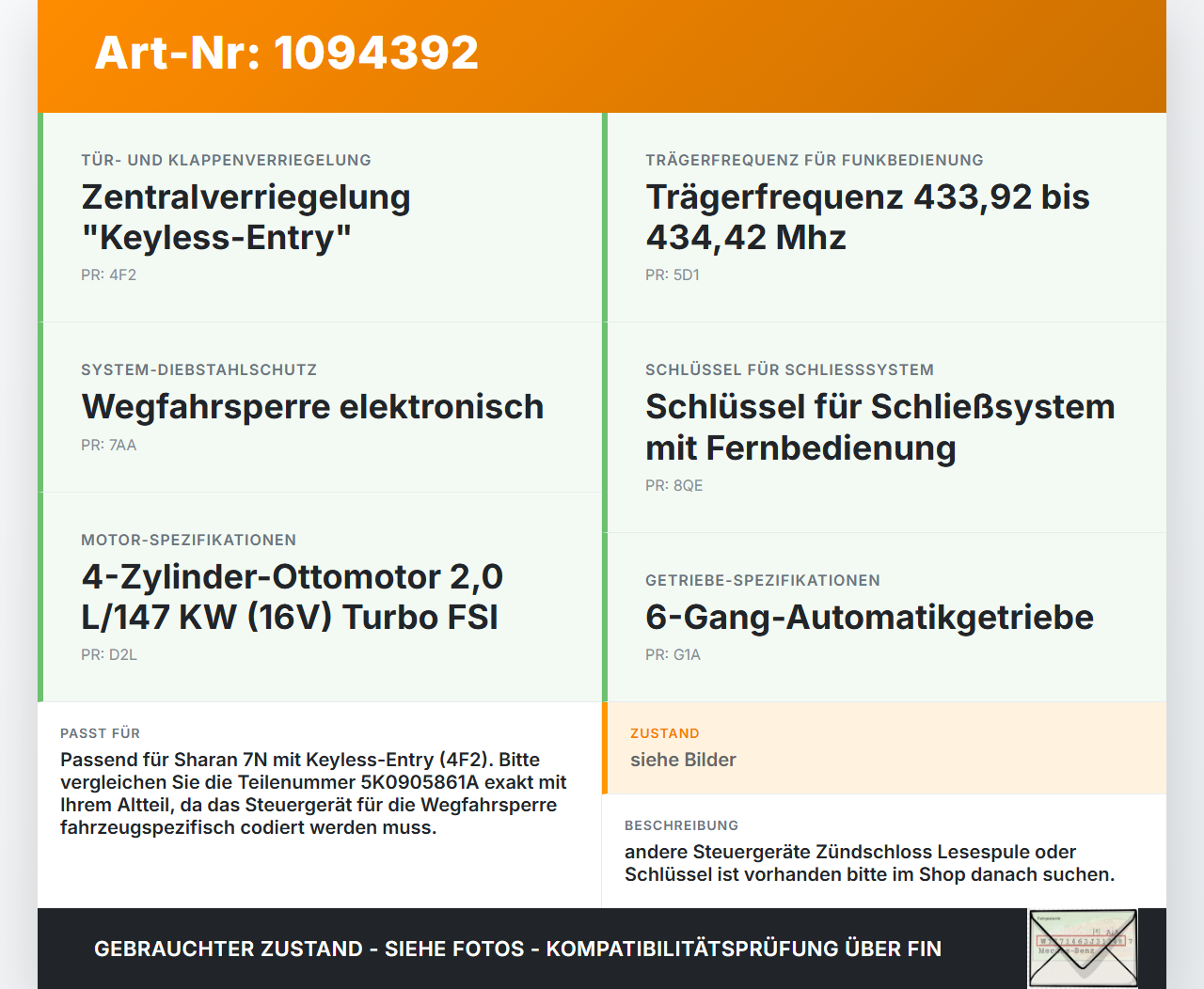 VW Sharan 7N II 10-15 FSI 2,0 147KW Wegfahrsperre ECU Steuergerät VW Sharan 7N II 10-15 09.05.2012 5K0905861D... Vorschau 3