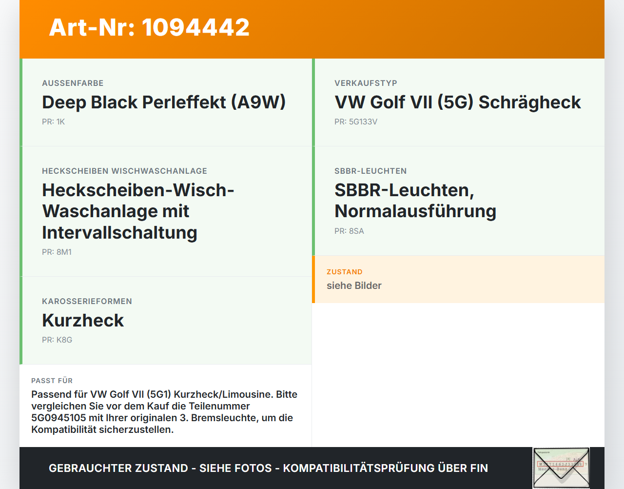 VW Golf VII 7 5G 12-17 5T Bremslicht 3. Bremsleuchte für Klappe VW Golf VII 7 5G 12-17 01.12.2016 5G0945105 gebraucht Vorschau 3
