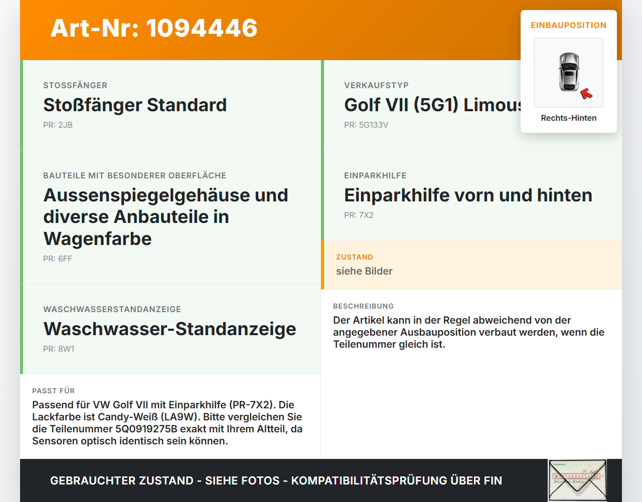 VW Golf VII 7 5G 12-17 Abstands Sensor Parksensor PDC Hinten Innen Rechts LA9W VW Golf VII 7 5G 12-17 01.12.2016... Vorschau 3