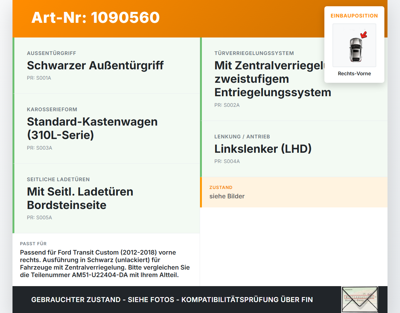 Ford Transit Custom 12-18 Kasten Türgriff Griff aussen Rechts Vorne AA Ford Transit Custom 12-18 08.06.2015... Vorschau 3