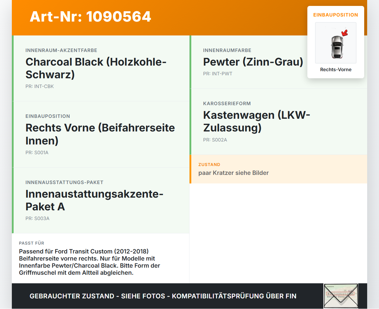 Ford Transit Custom 12-18 Kasten Türgriff Griffmuschel Griff Innen Rechts Vorne Ford Transit Custom 12-18... Vorschau 3