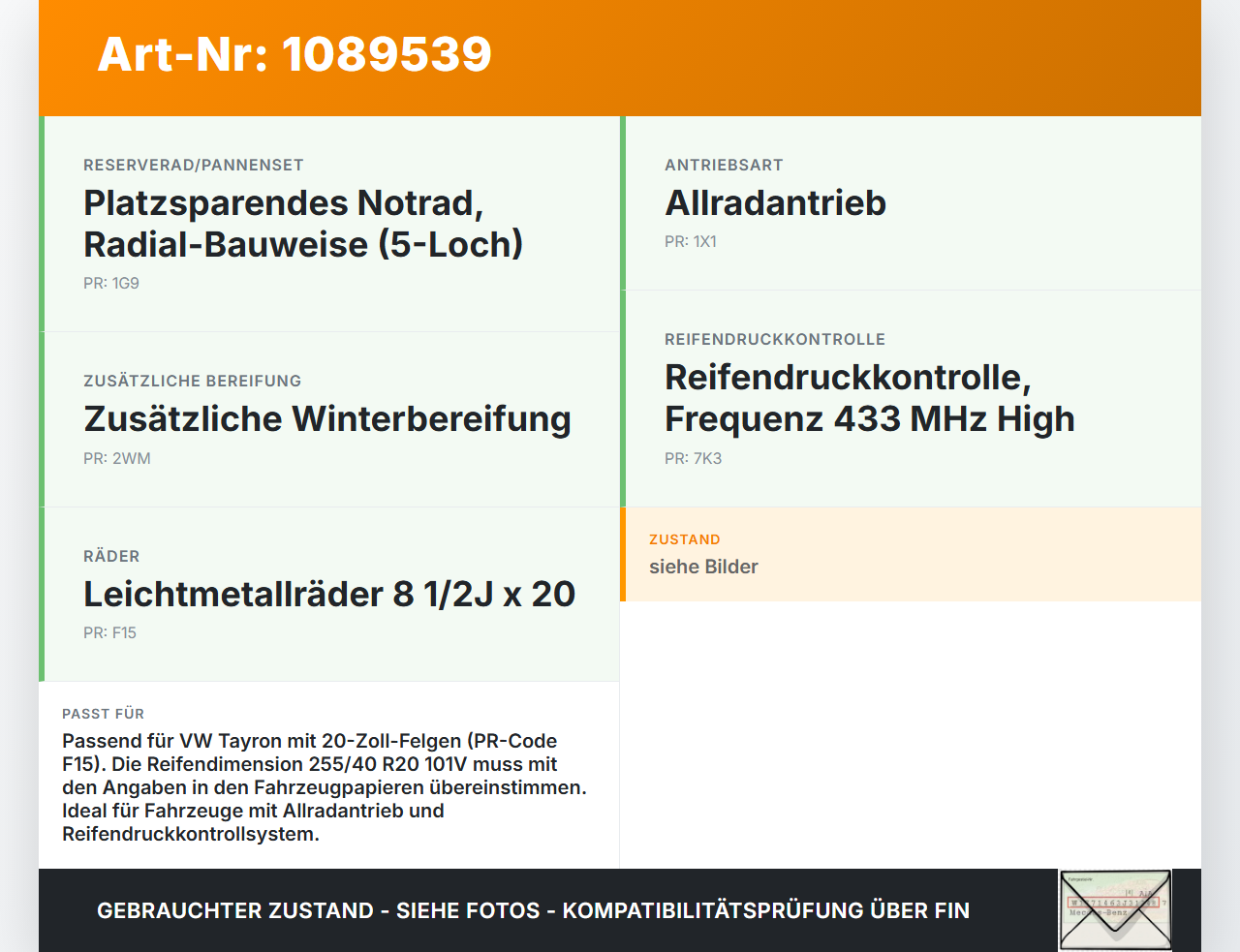 VW Tayron R41 2 x Reifen Sommerreifen Pirelli 255/40R20 101 V VW Tayron R41 20.08.2025 gebraucht Vorschau 3