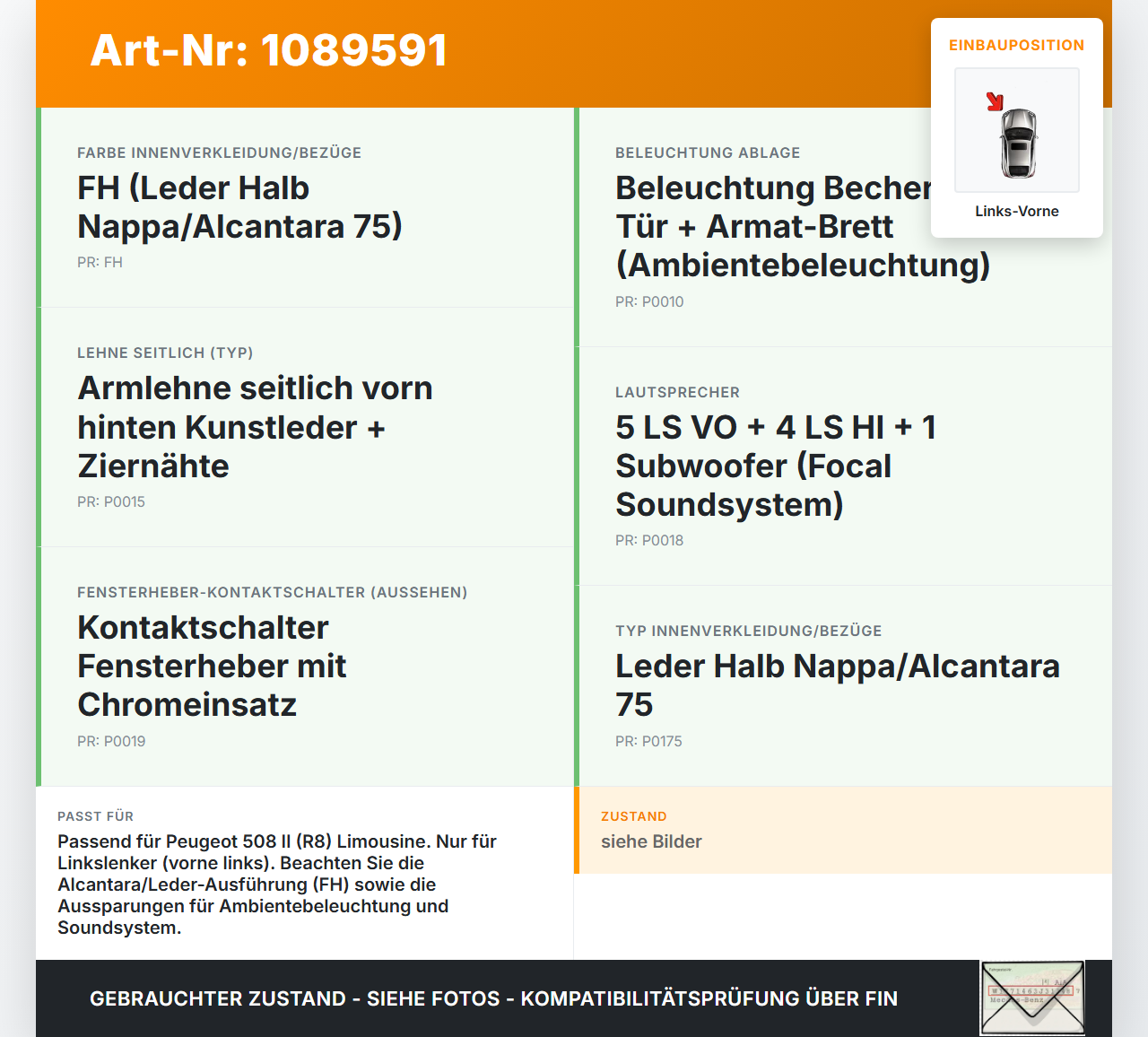 Peugeot 508 II 18-23 Lim Türverkleidung Türpappe Links Vorne Peugeot 508 II 18-23 16.07.2019 98175674ZD 11650947... Vorschau 3