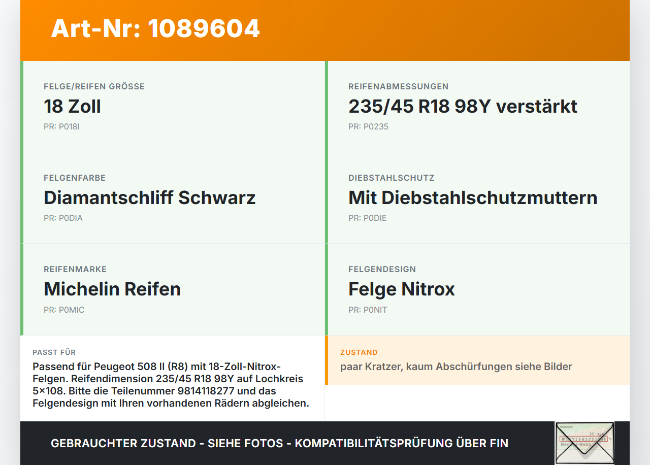 Peugeot 508 II 18-23 4 x Kompletträder Aluminiumfelge Sommerreifen 235/45R18 5X108 Peugeot 508 II 18-23 16.07.2019... Vorschau 3