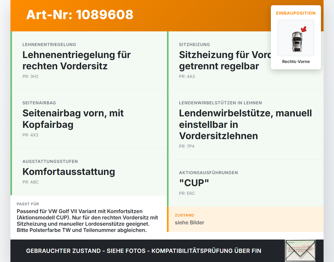 VW Golf VII 7 Variant 13-17 Kombi Sitzbezug Rückenpolster Rechts Vorne für Beifahrer Sitz beheizt VW Golf VII 7... Vorschau 3