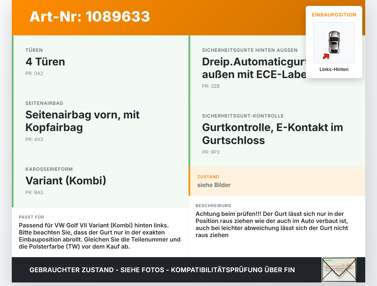 VW Golf VII 7 Variant 13-17 Kombi Gurt Sicherheitsgurt Links Hinten VW Golf VII 7 Variant 13-17 11.11.2014 gebraucht Vorschau 3