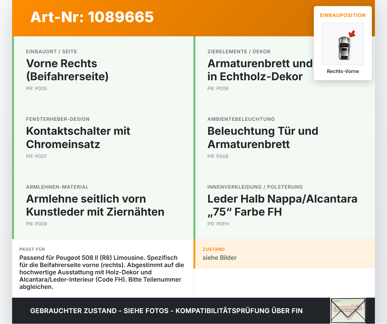 Peugeot 508 II 18-23 Lim Türgriff Griffmuschel Griff Innen Rechts Vorne Peugeot 508 II 18-23 16.07.2019 98201552VV... Vorschau 3