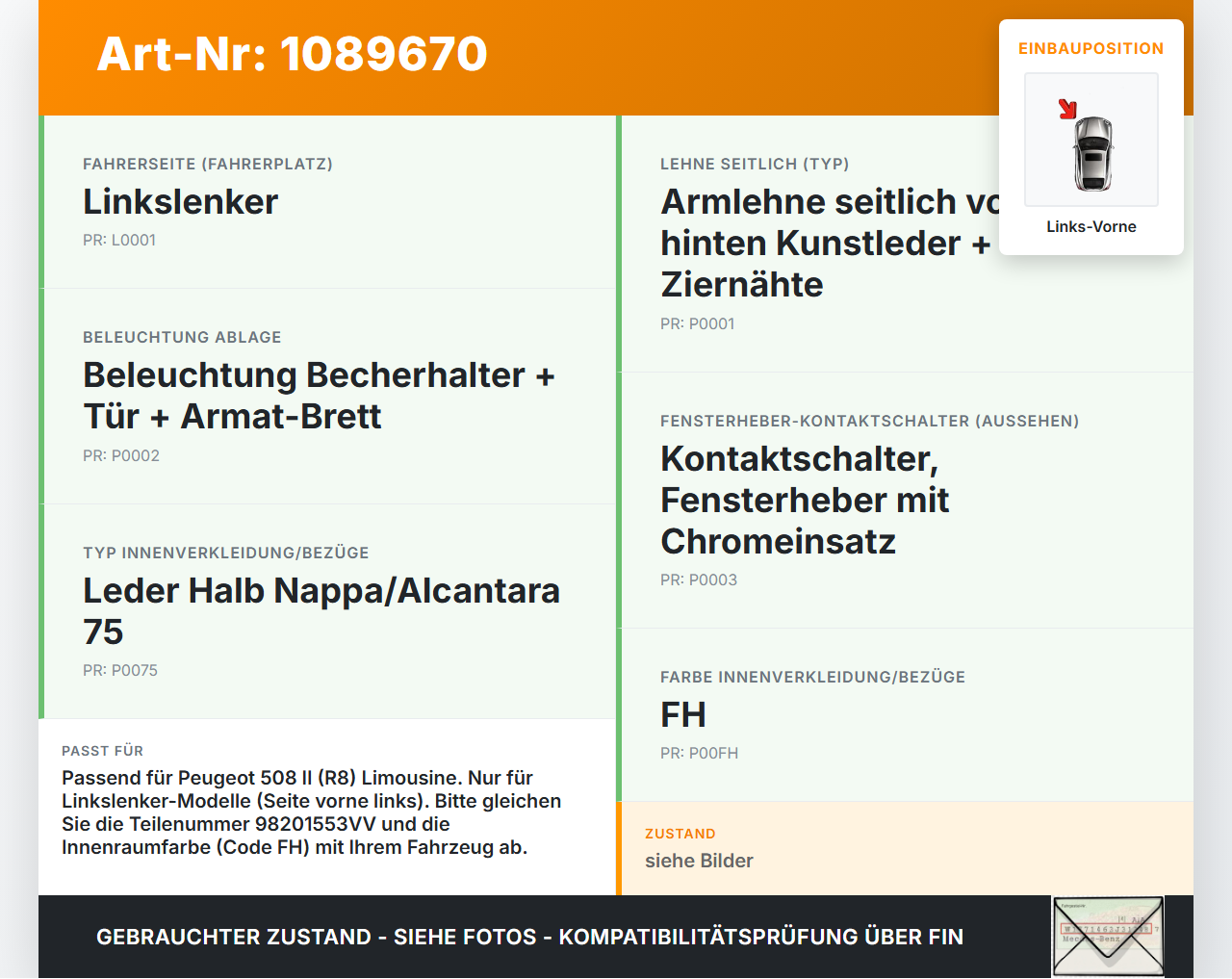 Peugeot 508 II 18-23 Lim Türgriff Griff Griffmuschel Innen Links Vorne Peugeot 508 II 18-23 16.07.2019 98201553VV... Vorschau 3