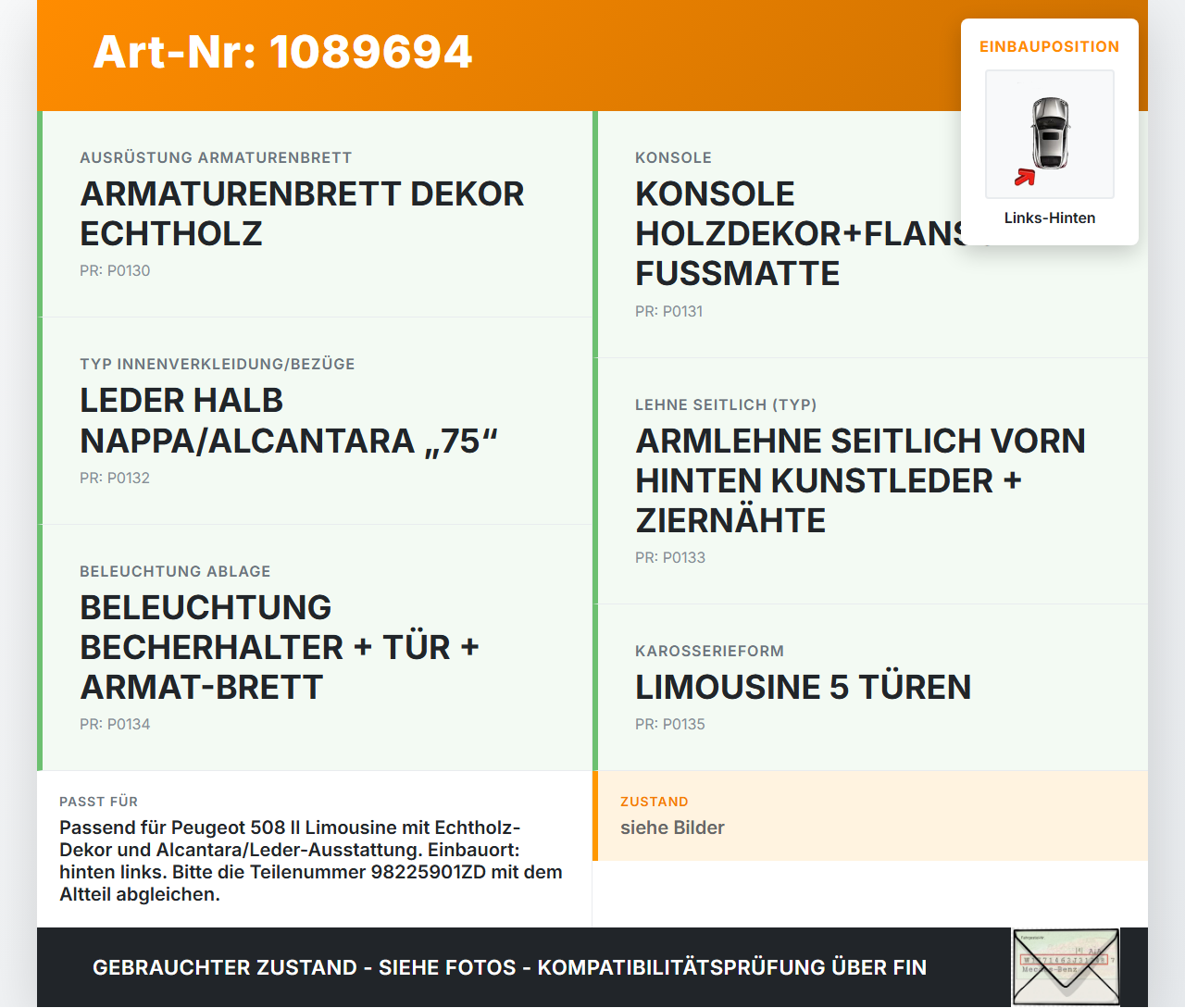 Peugeot 508 II 18-23 Blende Innen Auflage Applikation Abdeckung Links Hinten für Hochtöner Peugeot 508 II 18-23... Vorschau 3