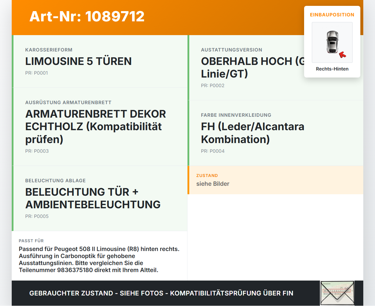 Peugeot 508 II 18-23 Zierleiste Blende Abdeckung Tür Carbonoptik Rechts Hinten Peugeot 508 II 18-23 16.07.2019... Vorschau 3