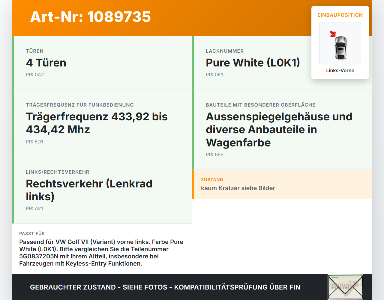 VW Golf VII 7 Variant 13-17 Kombi Türgriff Griff aussen Links Vorne L0K1 VW Golf VII 7 Variant 13-17 11.11.2014... Vorschau 3