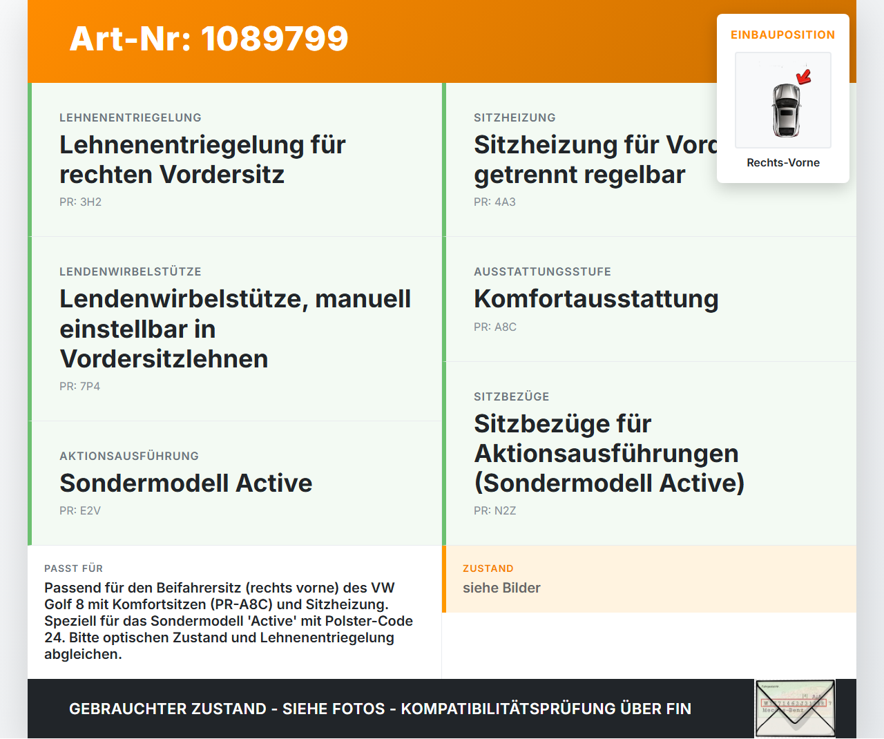 VW Golf 8 VIII 19-24 5T Sitzbezug Rückenpolster Rechts Vorne für Beifahrer Sitz VW Golf 8 VIII 19-24 14.08.2023... Vorschau 3