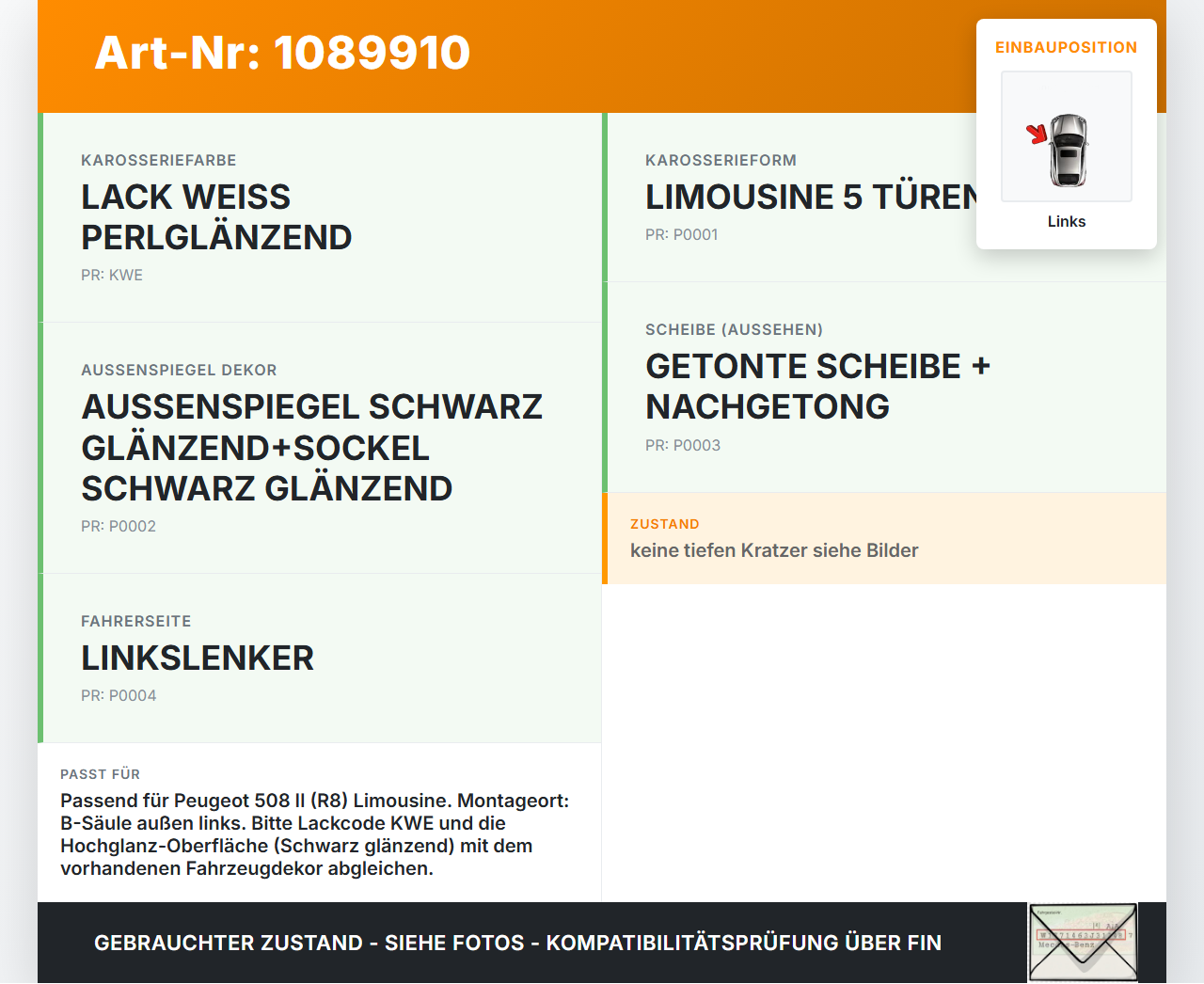 Peugeot 508 II 18-23 Lim Verkleidung für B-Säule Links aussen KWE Peugeot 508 II 18-23 16.07.2019 111149A1 gebraucht Vorschau 3