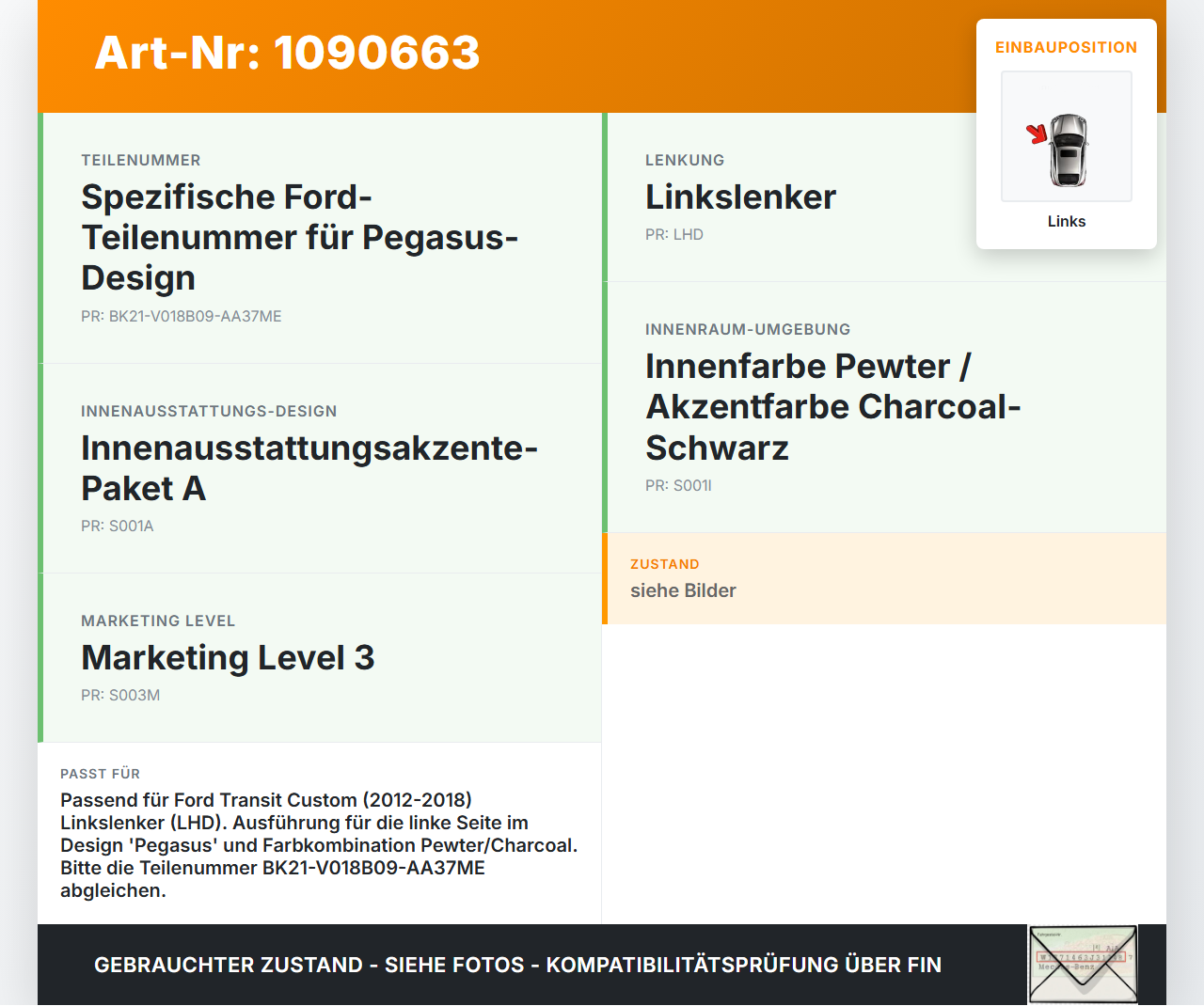 Ford Transit Custom 12-18 Luftdusche Luftdüse Links Ford Transit Custom 12-18 08.06.2015 BK21-V018B09-AA37ME gebraucht Vorschau 3