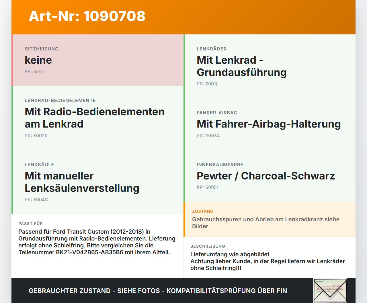 Ford Transit Custom 12-18 Lenkrad Airbaglenkrad Ford Transit Custom 12-18 08.06.2015 BK21-3600-CD35B8... Vorschau 3