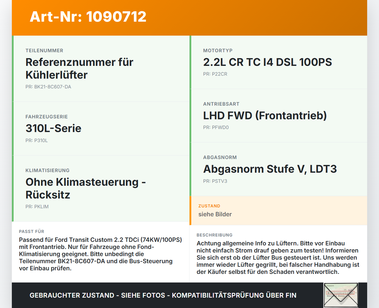 Ford Transit Custom 12-18 TDCi 2,2 74KW Lüfter Ventilator f. Kühler Ford Transit Custom 12-18 08.06.2015... Vorschau 3