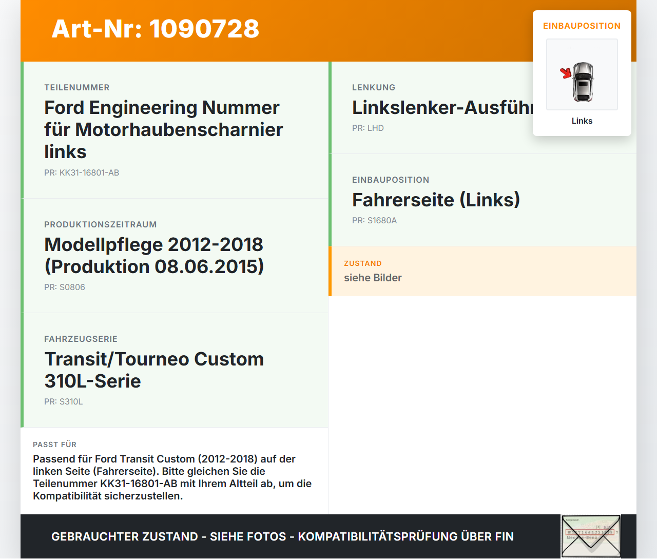 Ford Transit Custom 12-18 Kasten Scharnier für Motorhaube Motorhaubenscharnier Links Ford Transit Custom 12-18... Vorschau 3